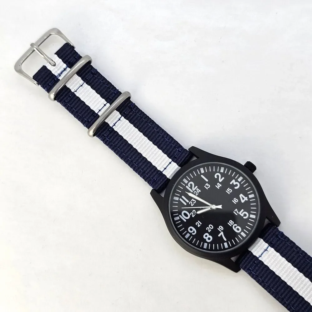 Men's Field Watch 42MM Black Case Black‎ Dial Blue White Canvas Band Straps